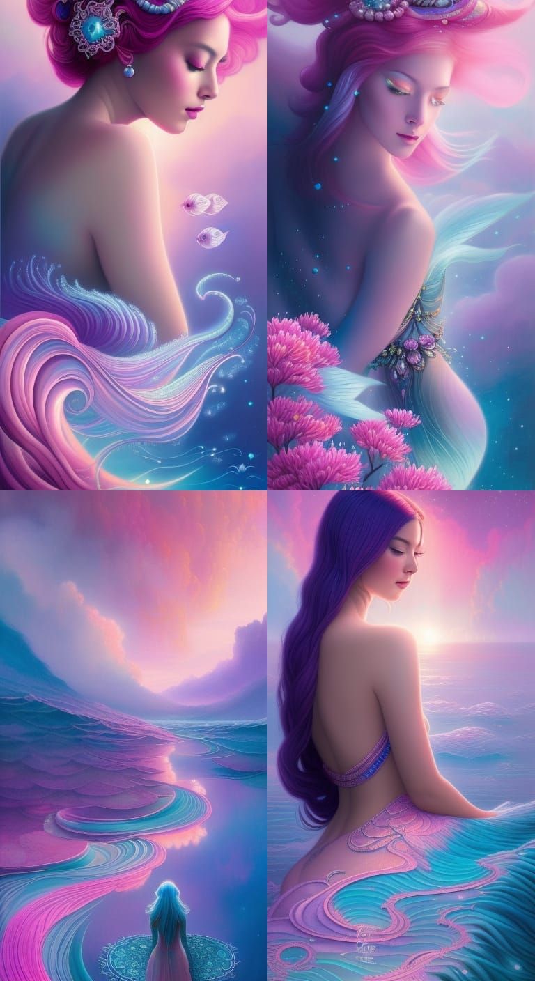 Blue Alien Goddess in Pink Ocean: Art Nouveau Digital Painti...