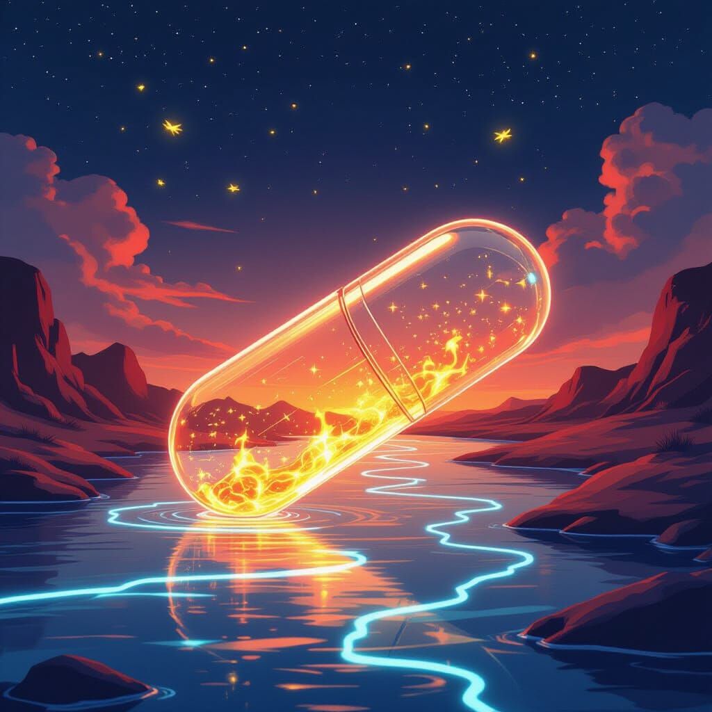 Mars Medicine Capsule Floating on Neon River