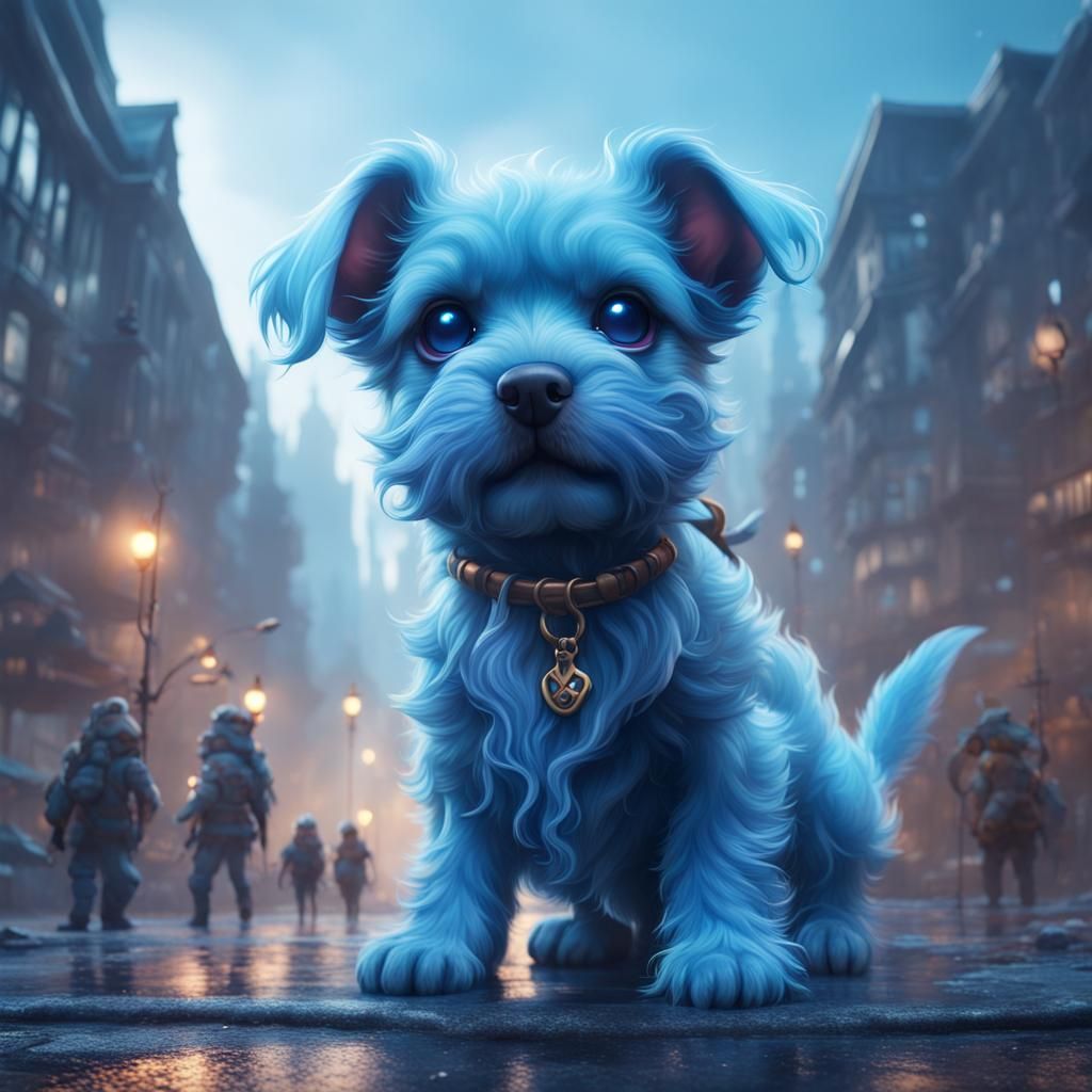 Blue Mist Puppy in City: Detailed Matte Painting