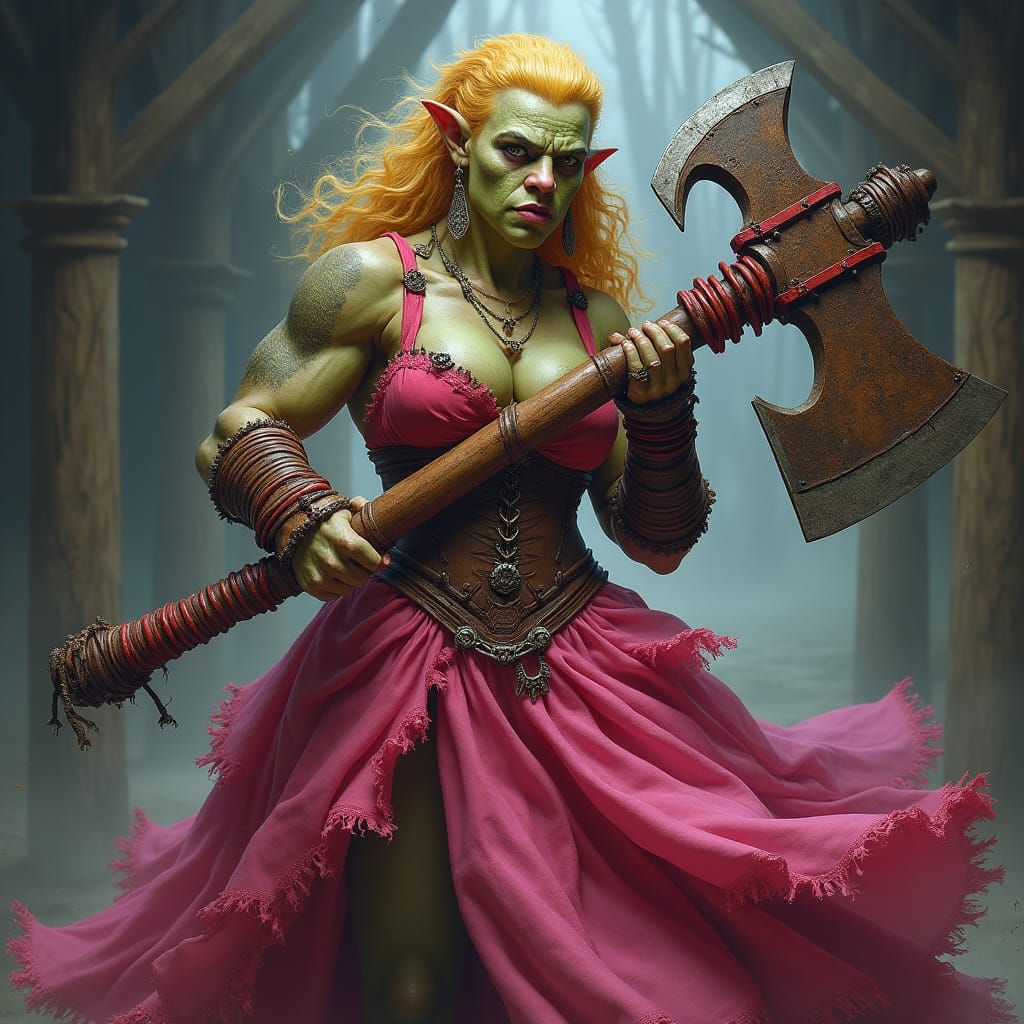 Female Orc Warrior in Pink Gown, Dark Fantasy Art