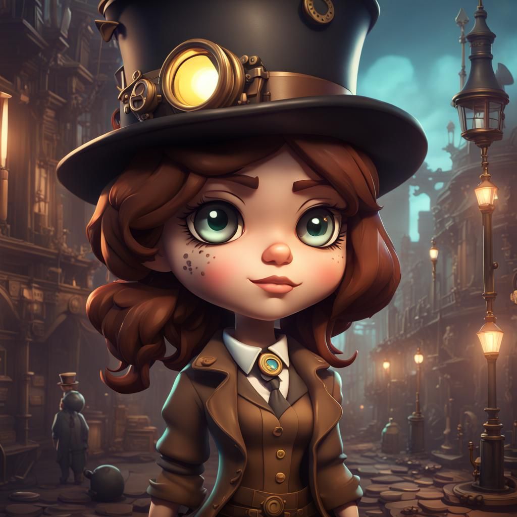 Steampunk Detective Girl in Chibi Style