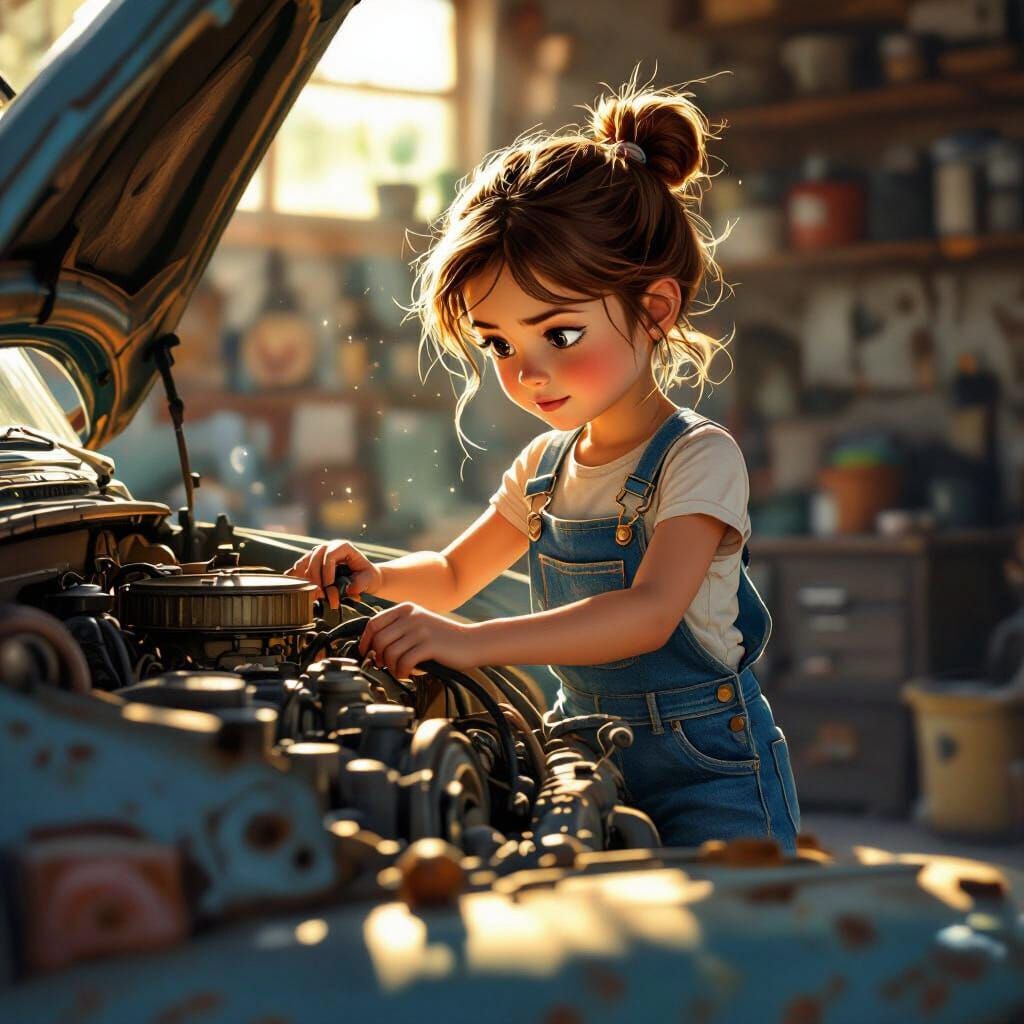 Determined Girl Repairs Vintage Car Engine in Sunlit Garage