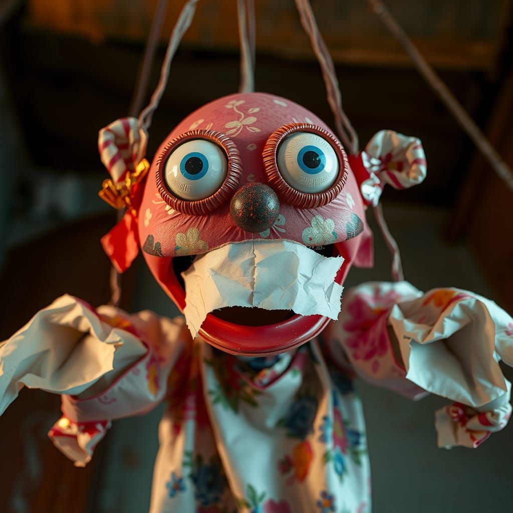 fragmented puppet, bright candy wrapper eyes, torn photo collage mouth, elongated inflated limbs, abstract floral overla...