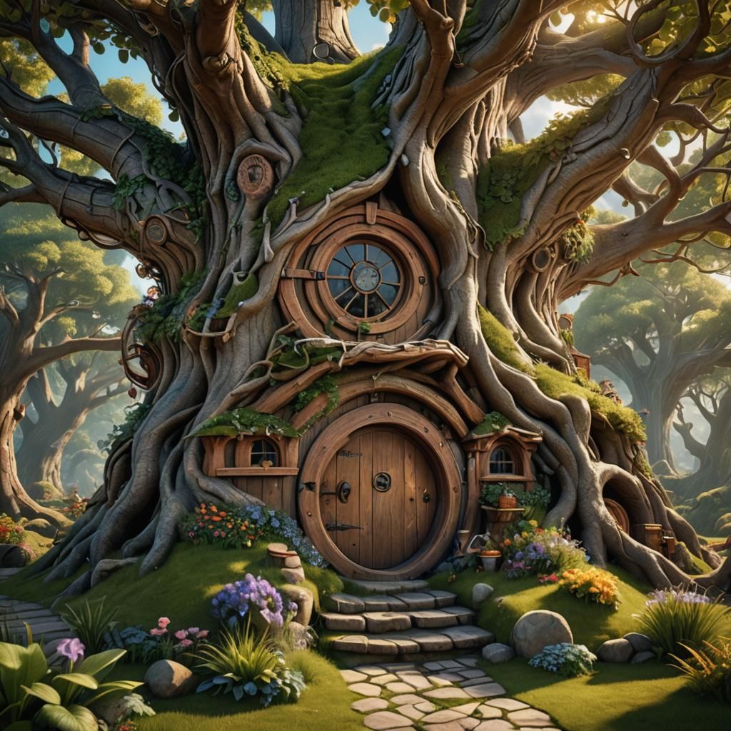 Whimsical Treehouse with Hobbit Hole Door