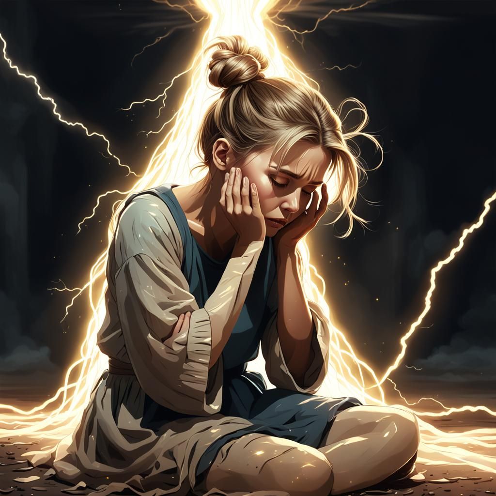 Astral Woman Crying with Golden Beam, Holographic Illustrati...