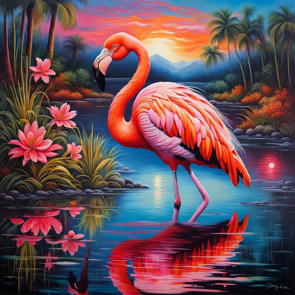 Flamingo Reflection: Hyperdetailed Oil Painting in Fantasy S...
