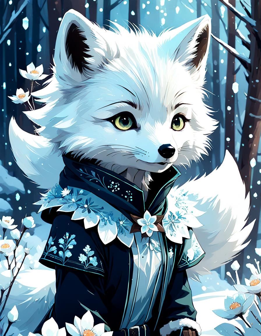 Adorable Arctic Fox in Ice Flower Costume - Digital Painting...