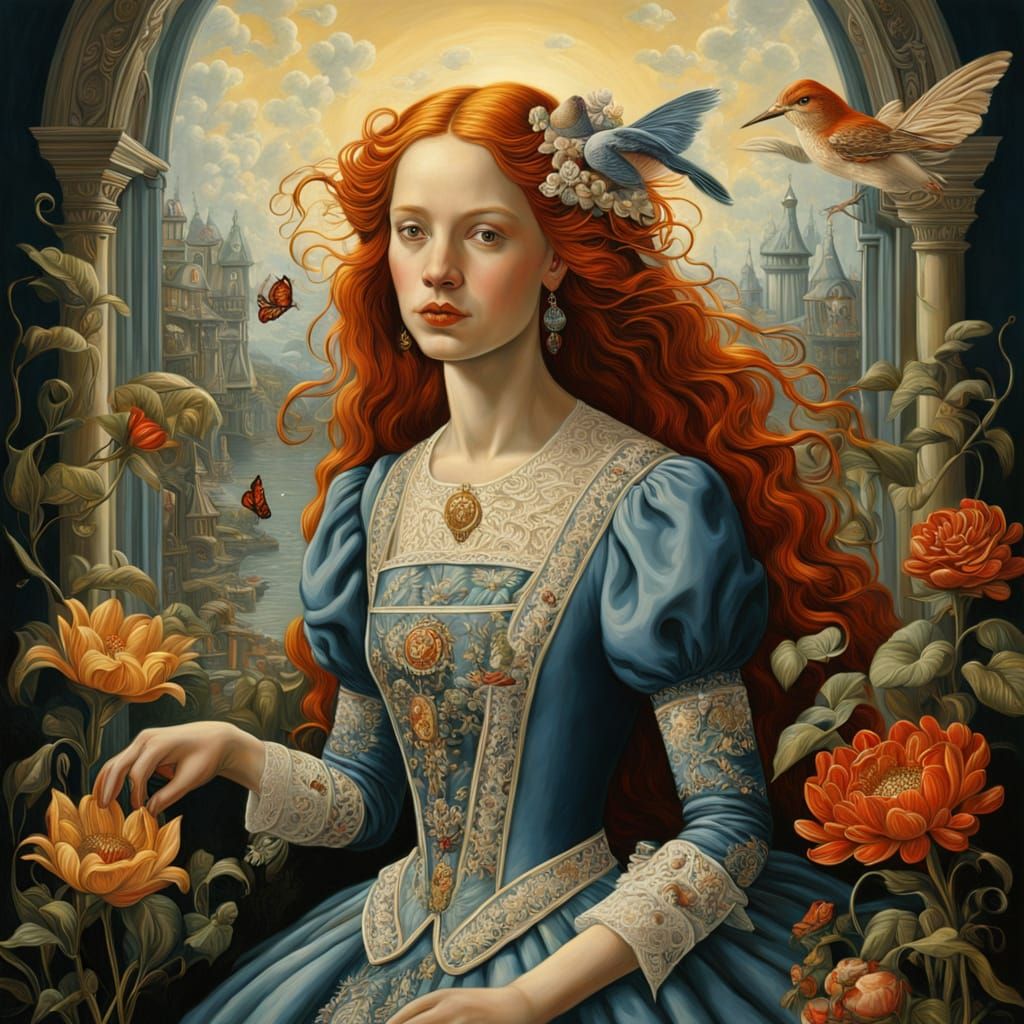 Elegant Model in Whimsical Folklore Illustration