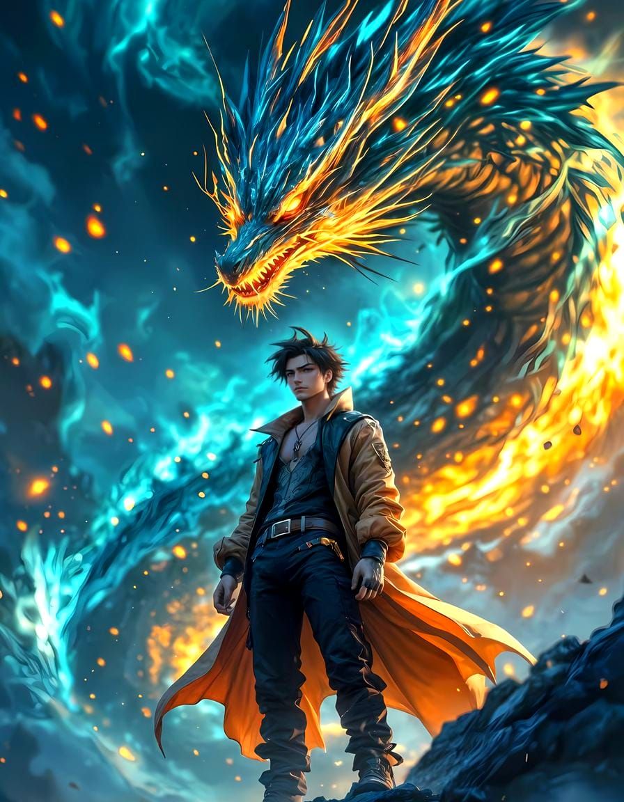 Anime Guy with Dragon: Dynamic Lighting Portrait