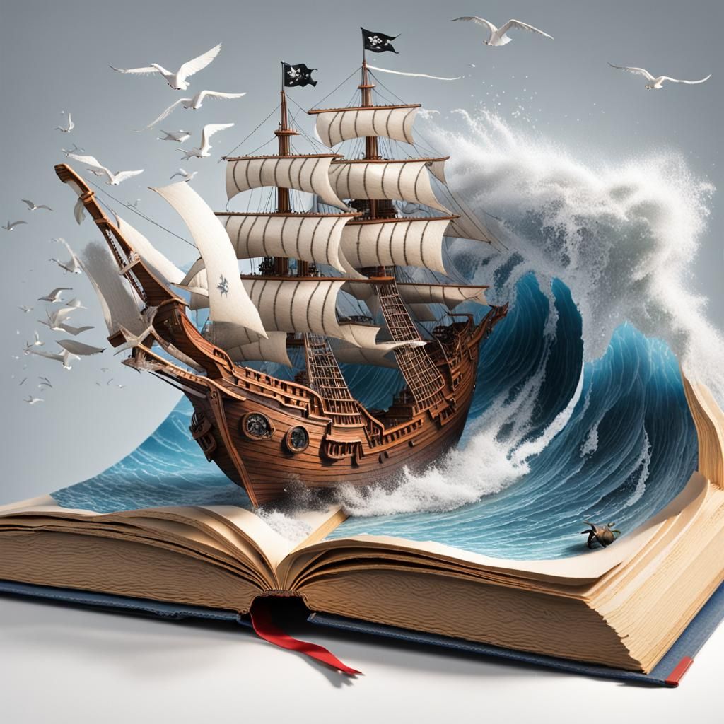 Pirate Ship Sails from Book: Detailed 3D Render