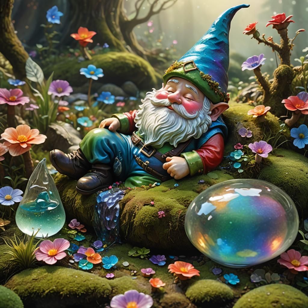 Sleeping Gnome in Rainbow Glass Bed