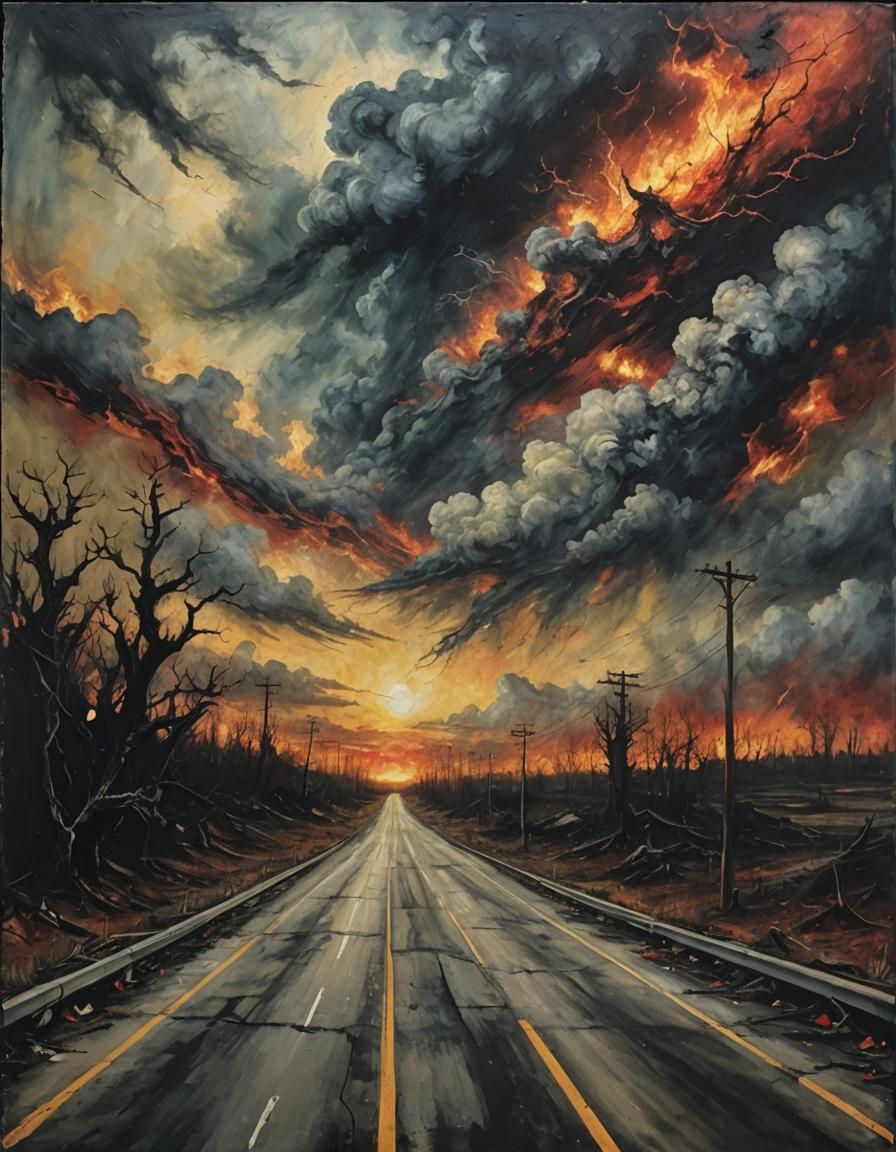 Encaustic Dystopian Dreams: Burning Sky Highway
