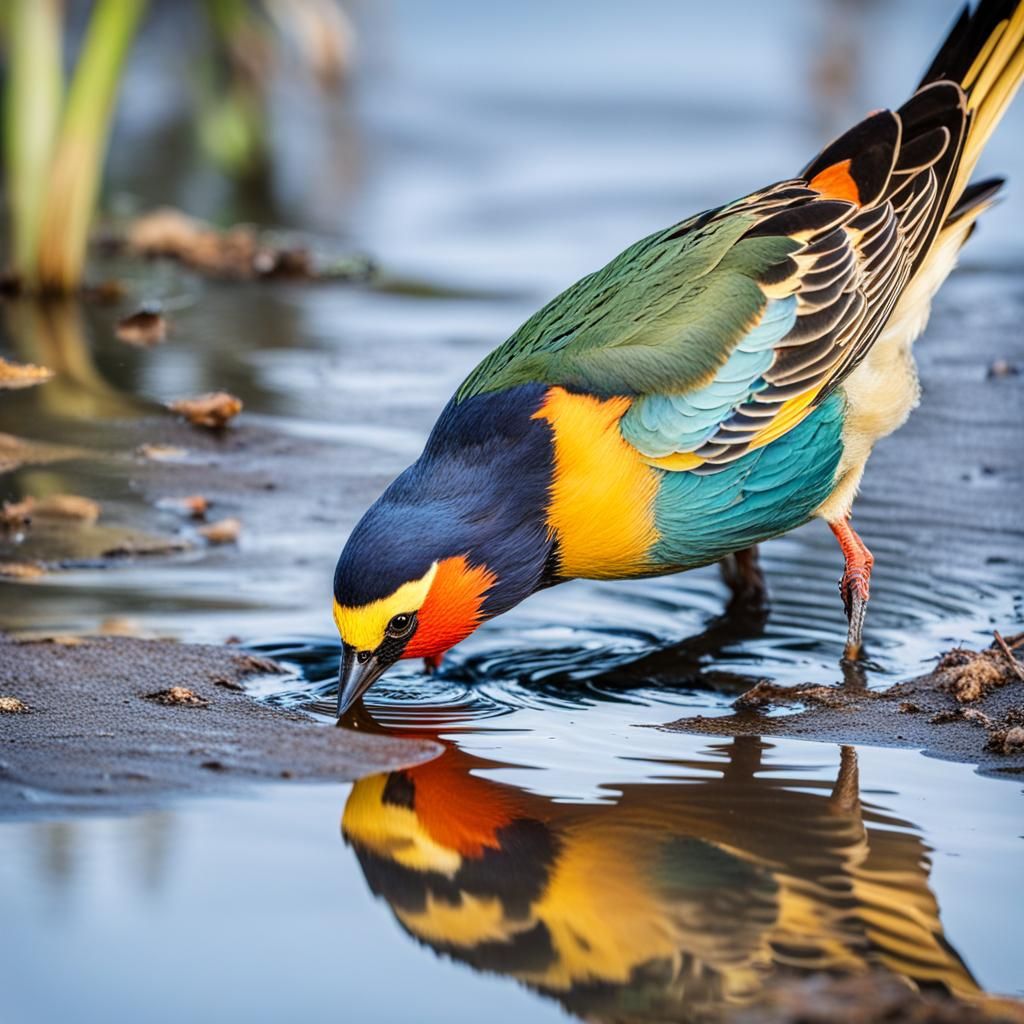 Colorful Bird Drinking Water Reflected in Puddle