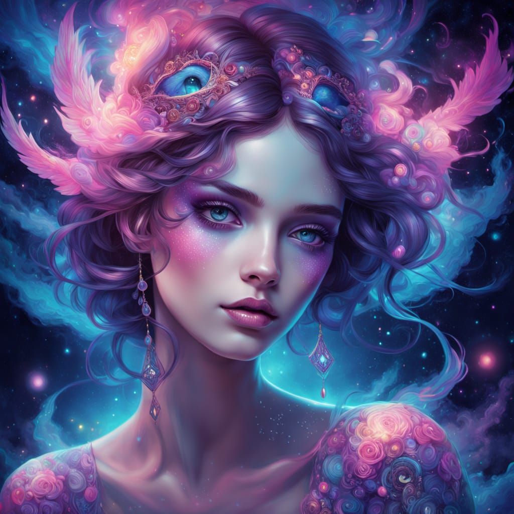 Ethereal Eyes Emerging from Cosmic Clouds in Neon Glow