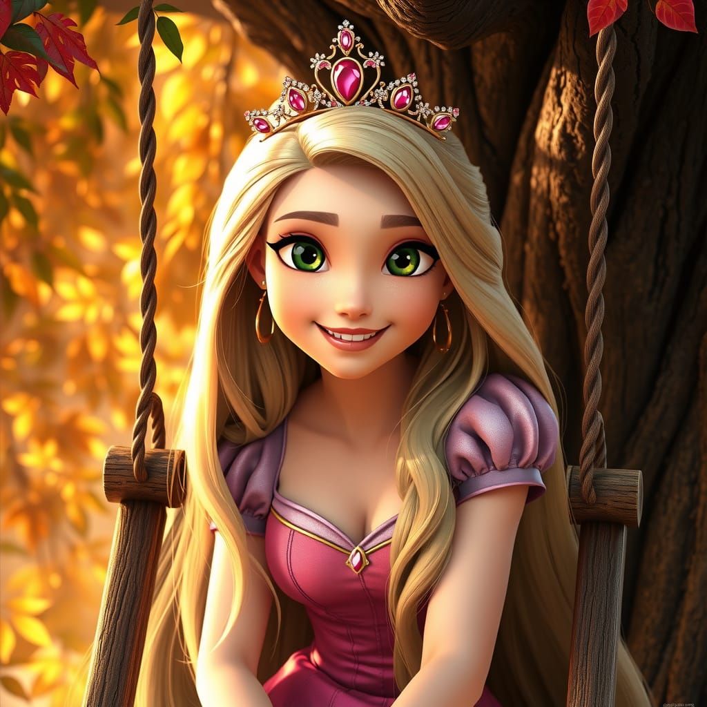 Rapunzel in Autumn Sunlight on Tree Swing