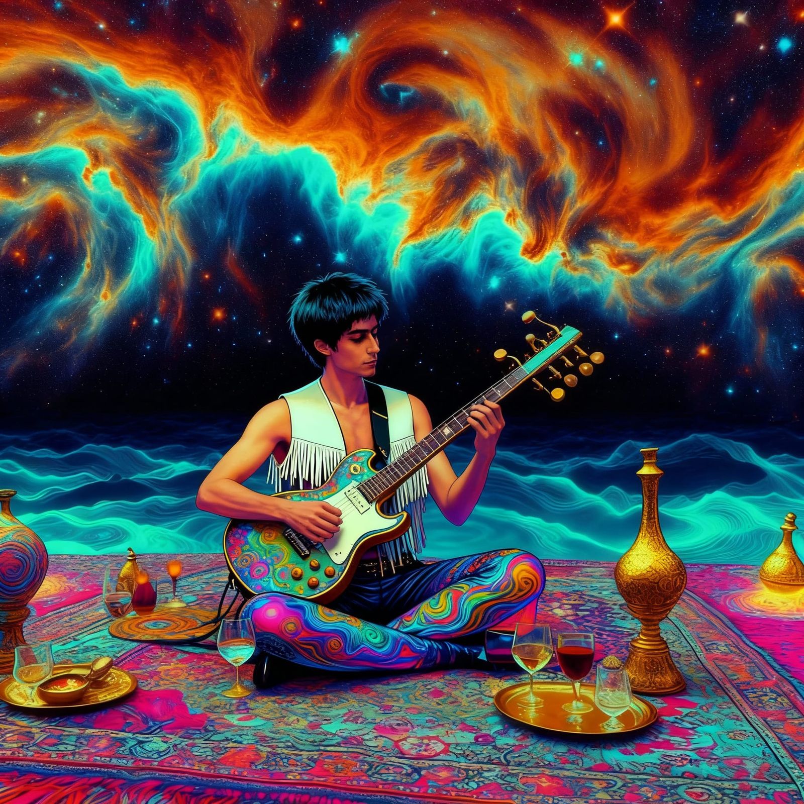 Groovy Cosmic Guitarist Playing Music