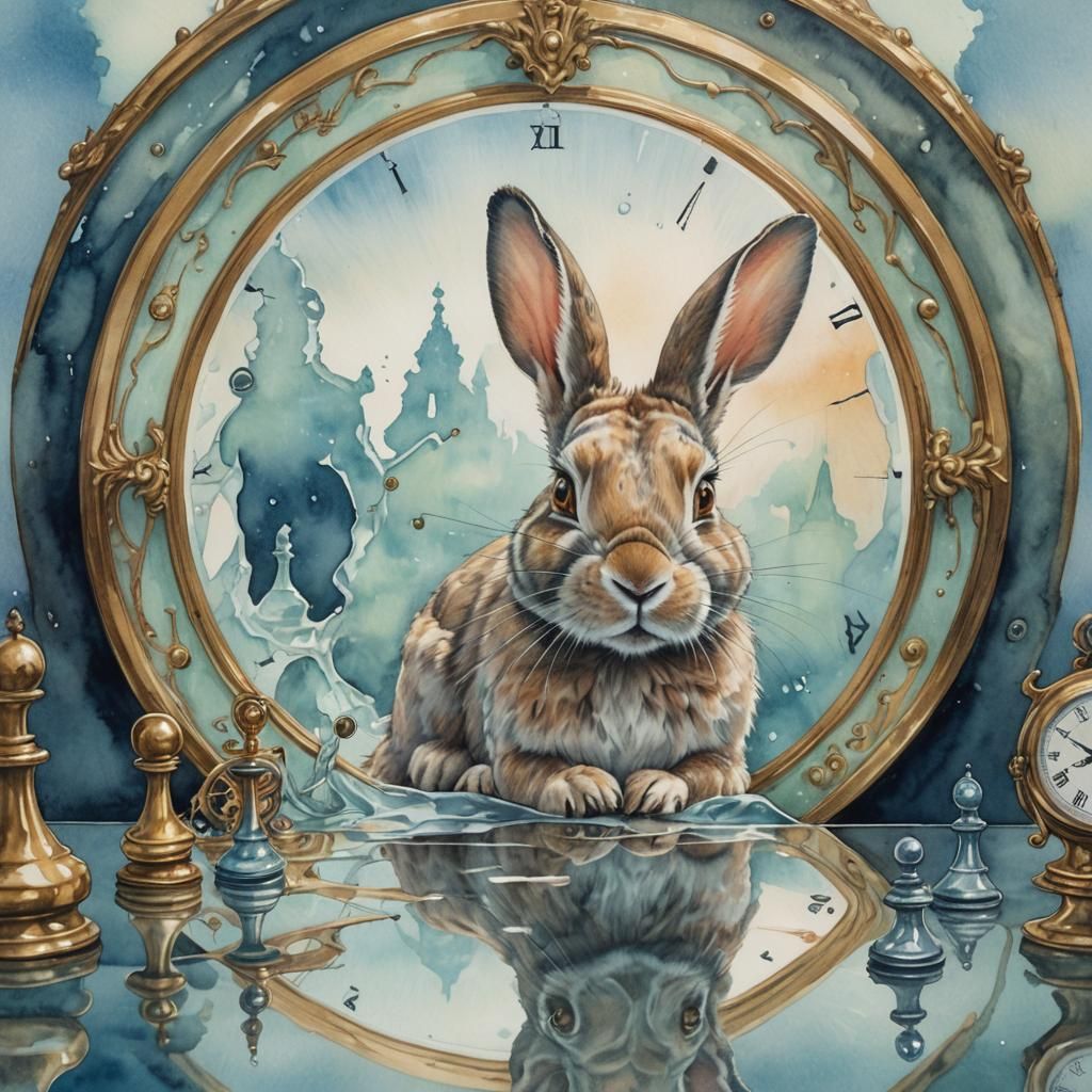 Rabbit Reflection in a Dreamlike Watercolor Painting