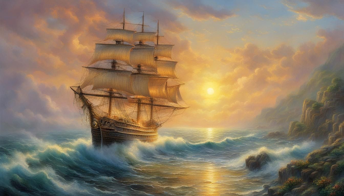 Fantasy Ship Sailing Into Golden Sunset