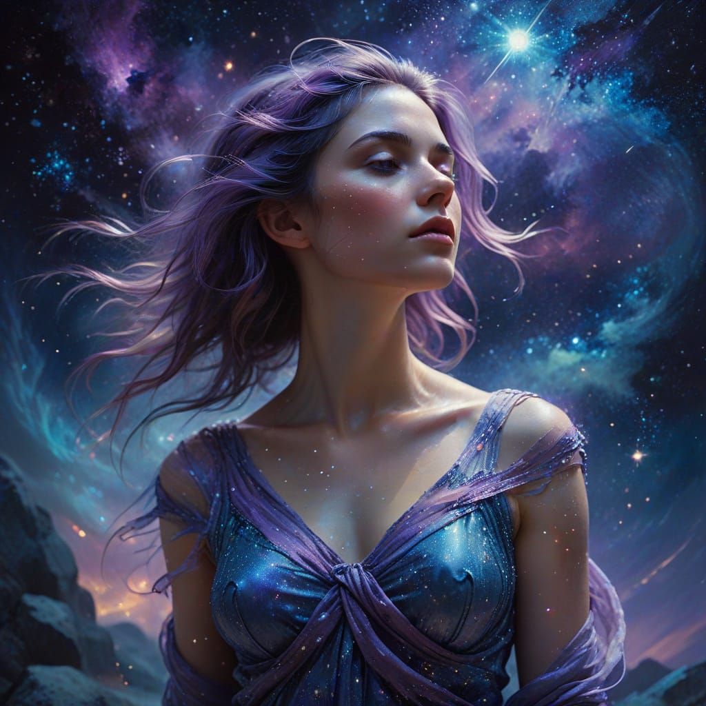 Ethereal Girl in Starry Night Landscape