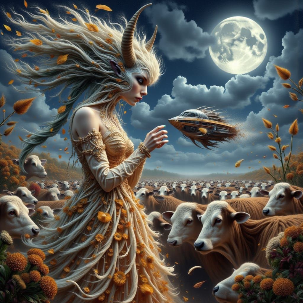 Surreal Rococo Alien in Lavish Attire Meets a Herd of Cattle...