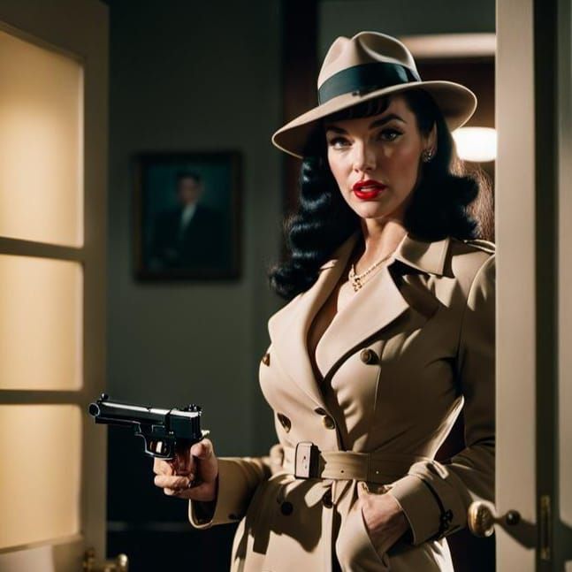 Bettie Page as Noir Detective in Cinematic Still