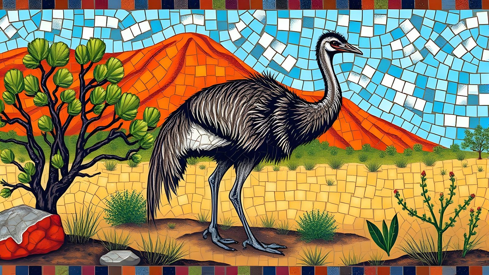 Australian Bush Emu in Roman Mosaic Style