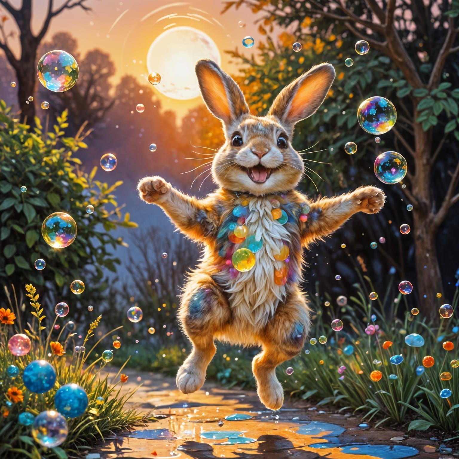 Happy Bunny Reaching for Bubbles in Fauvist Style