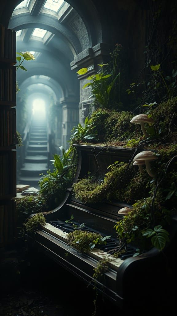 Forgotten Piano in Overgrown Corridor