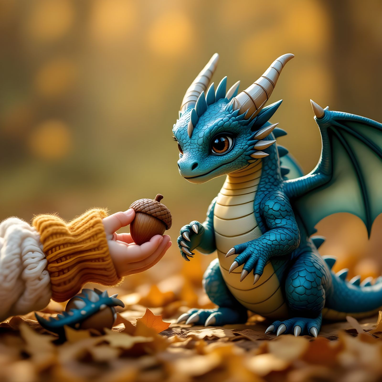 Toddler Offers Acorn to Tiny Blue Dragon