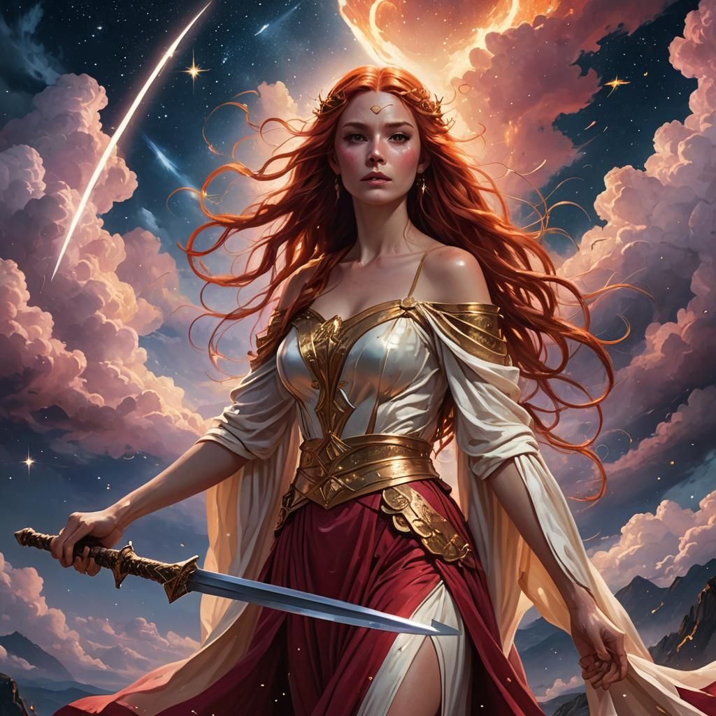 Fantasy Goddess with Sword, Vibrant Digital Art