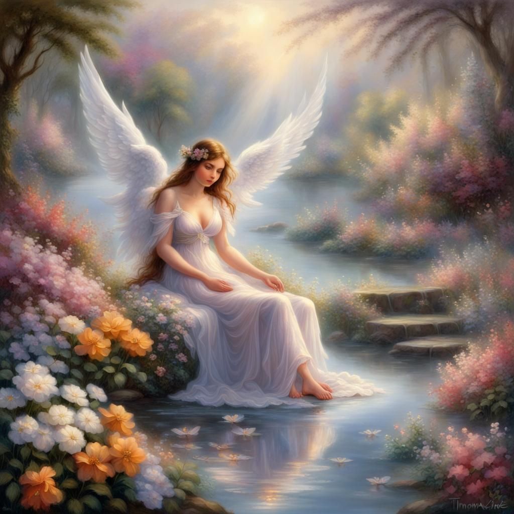 Ethereal Angel in Floral Fantasy Landscape