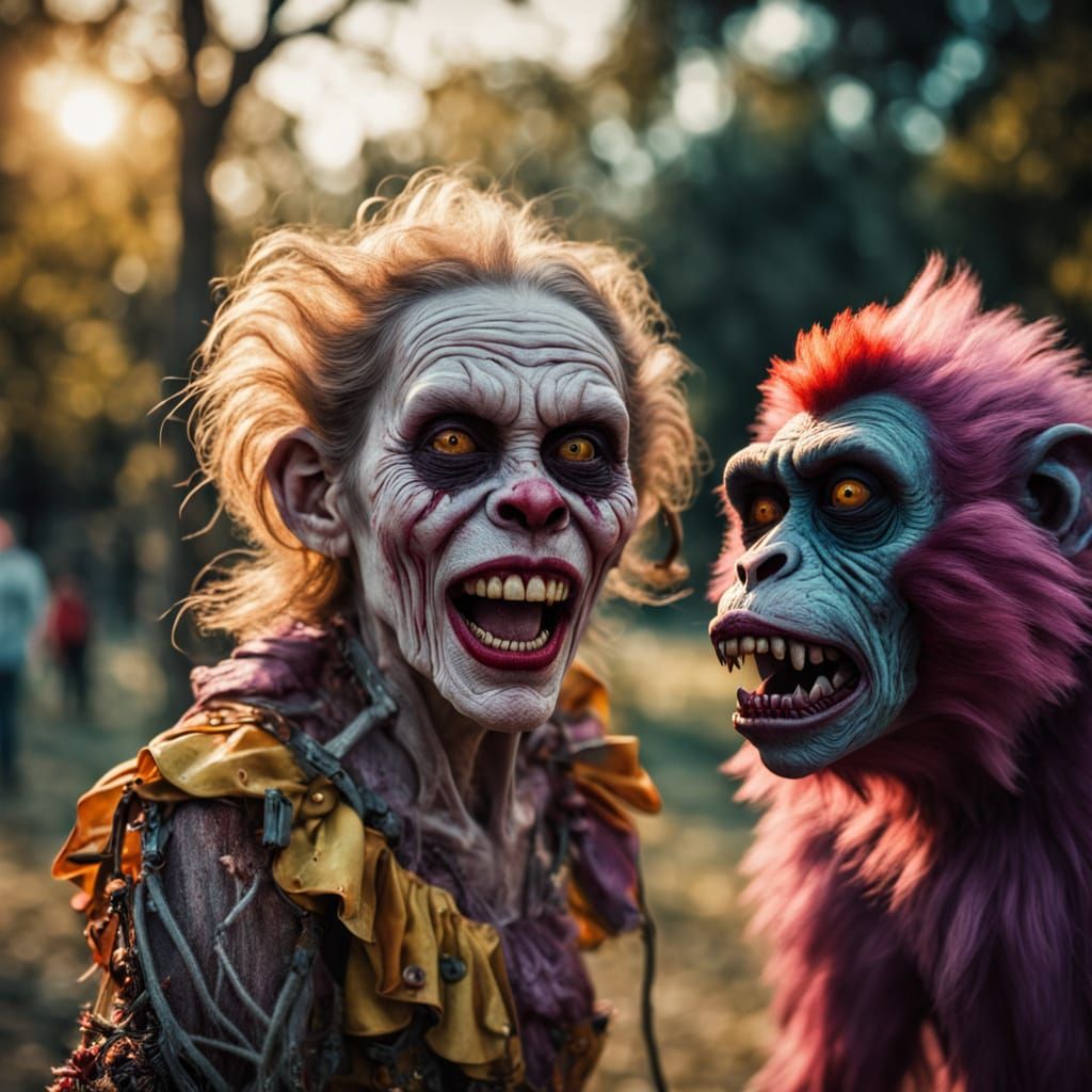 Elderly Zombie Monkey Monster Clown in a Dreamlike Park