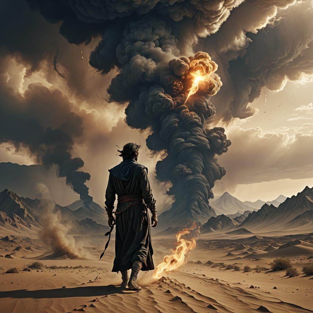 Fiery Desert Genie in a Sandy Tornado