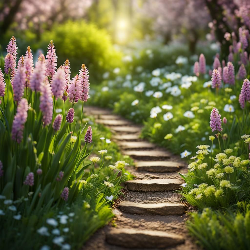 Spring Garden Path: Hyperrealistic Ecological Art