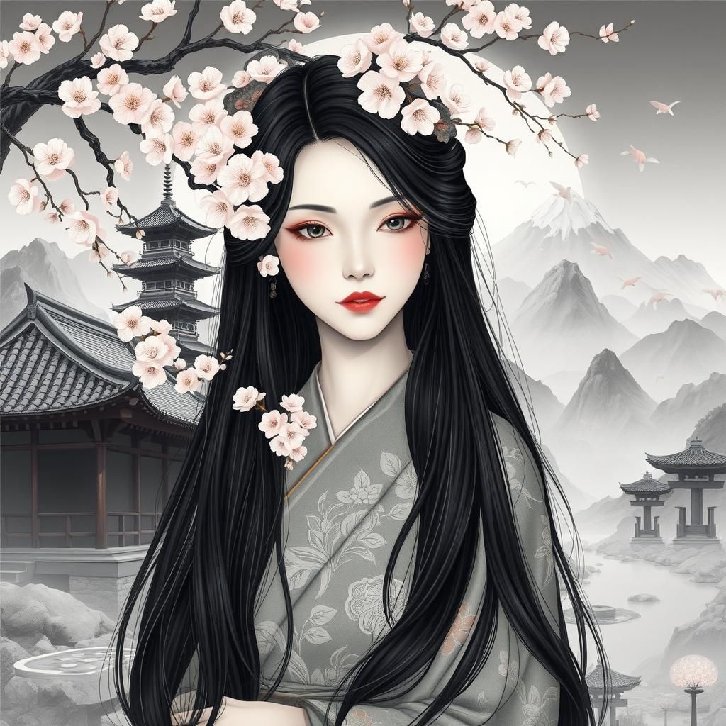 Mystical Asian Woman in Dreamlike Grayscale Landscape