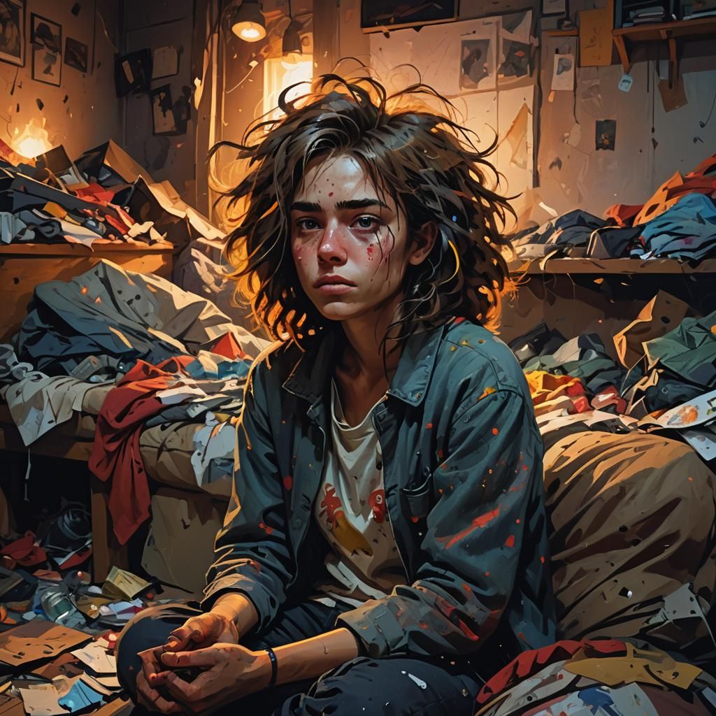 Melancholic Portrait in Messy Room, Vibrant Colors