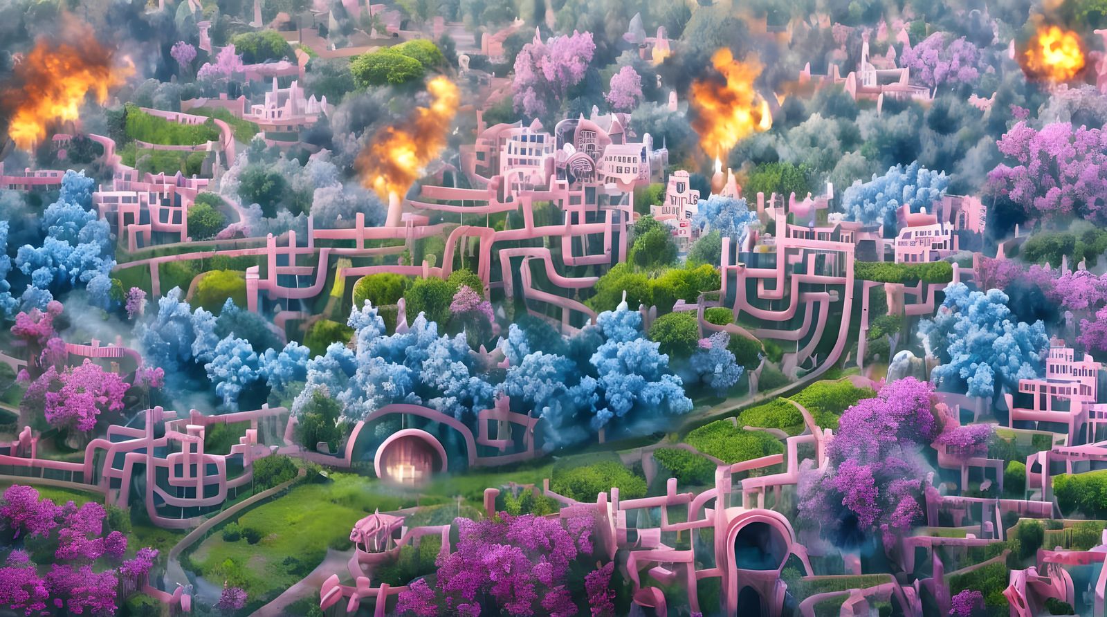 Hedge Maze on Fire in Geothermal Metropolis