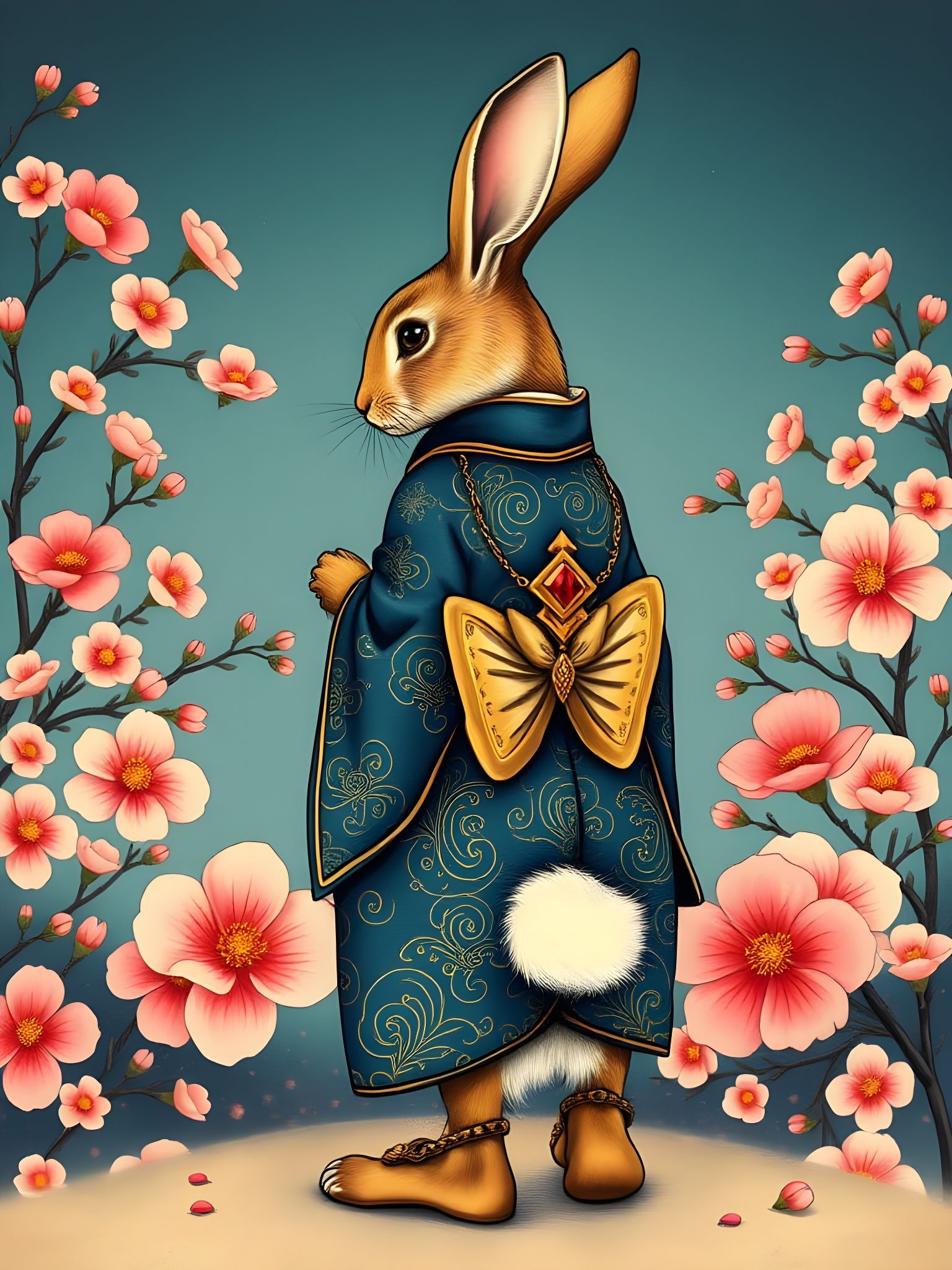 Geisha Rabbit in Ornate Kimono Amidst Blooms