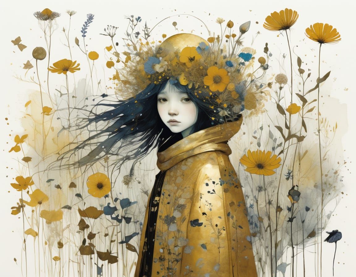 Vibrant Gold Wildflowers in a Whimsical Landscape