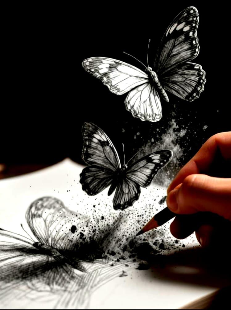 Macro Pencil Sketch of Butterflies Emerging from Paper
