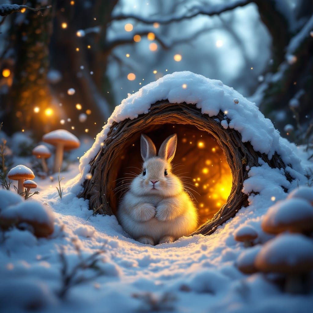 Warm Bunny Burrow in Snowy Whimsical Forest