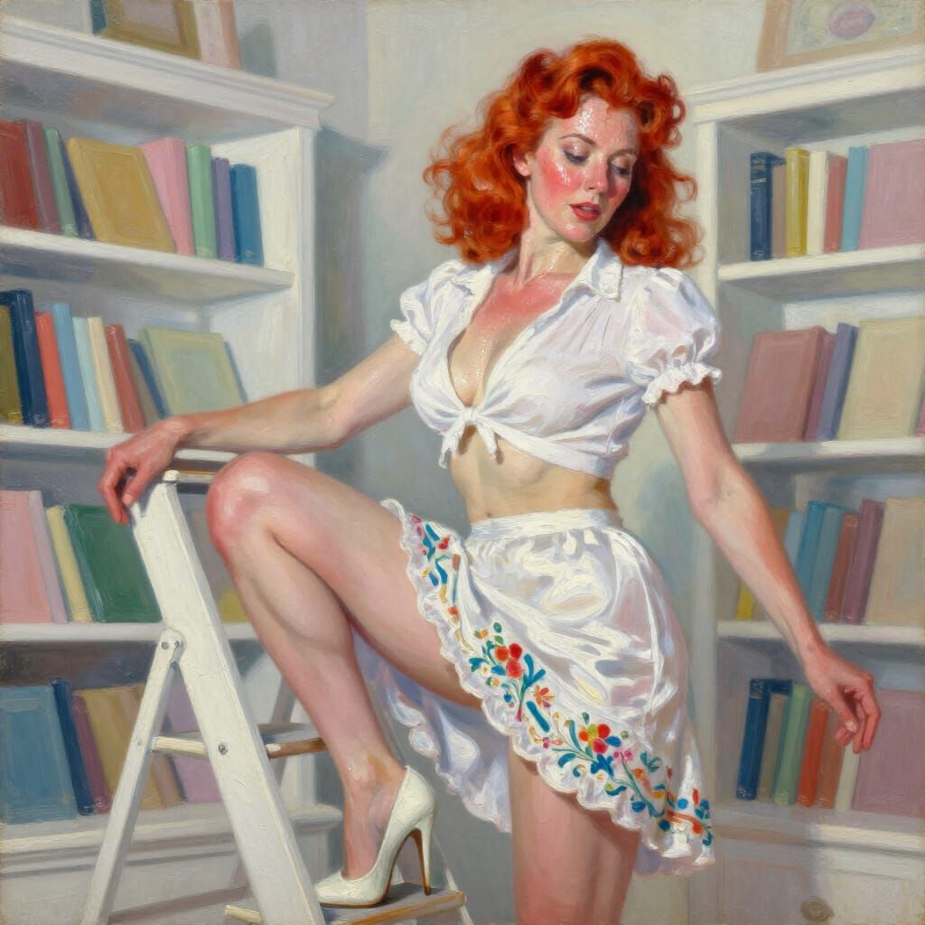 Mature Redhead Pin-Up Dancing in Bookstore