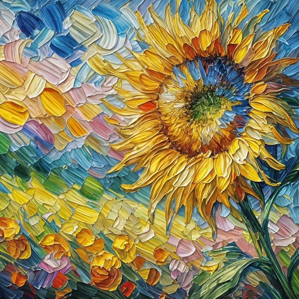 Sunflower Oil Painting in Neo-Impressionism Style