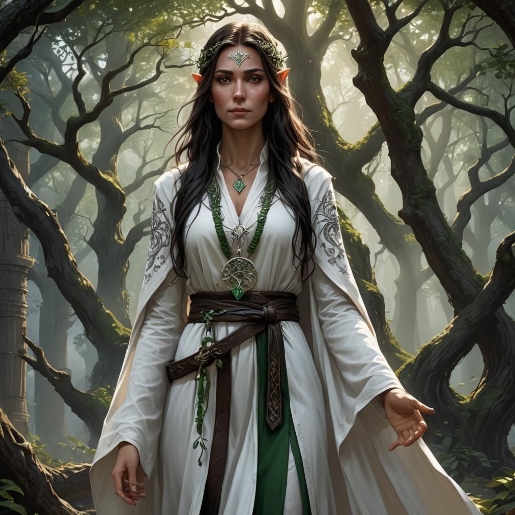 Elegant Half-Elf Temple Servant in Dark Fantasy Style
