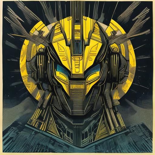 Mecha Robot in Linocut Style