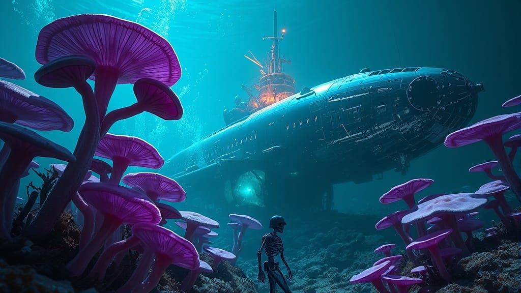 Bioluminescent Underwater Fungi with Submarine Wreckage