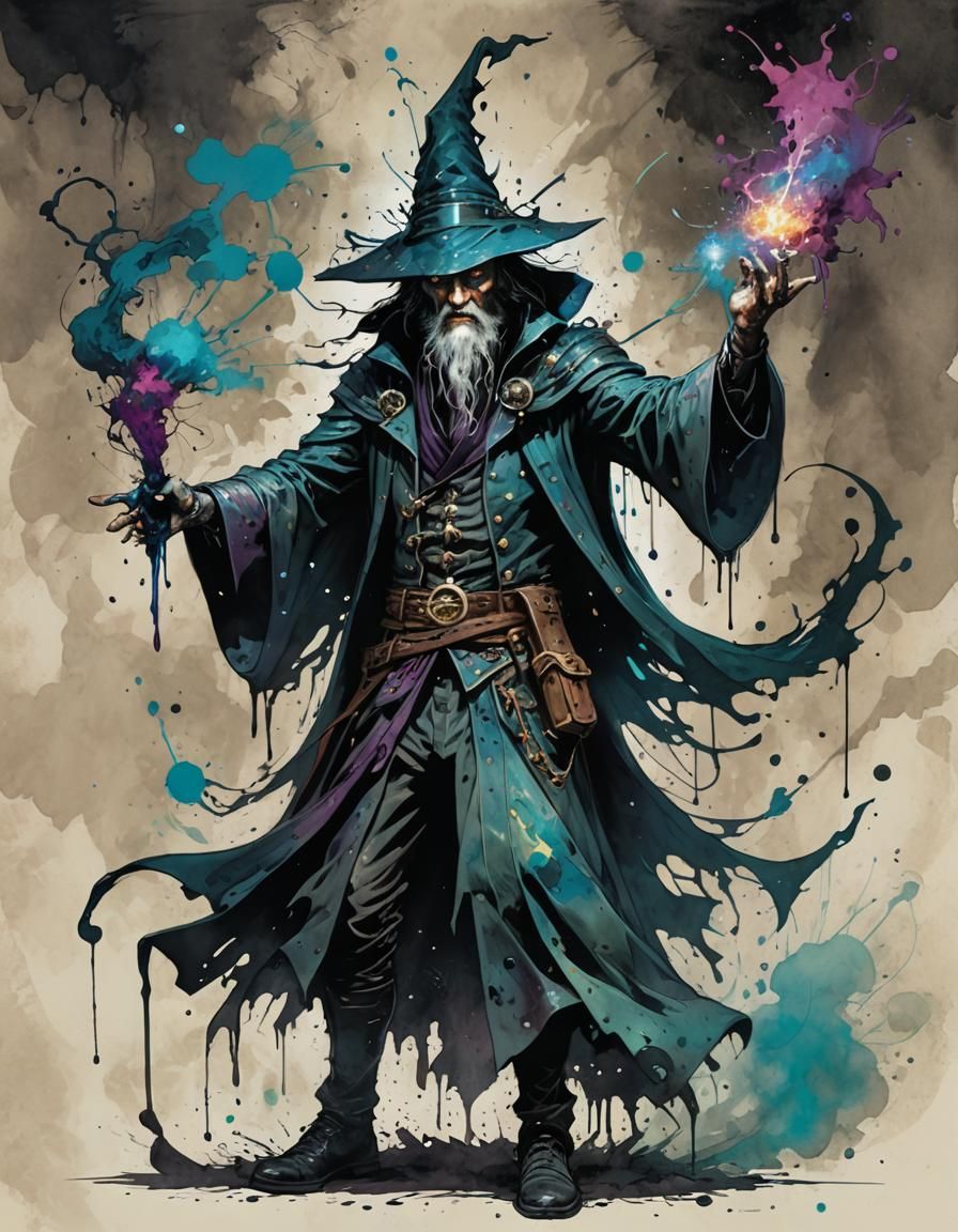 Grimdark Wizard Casting Particle Magic in Ink