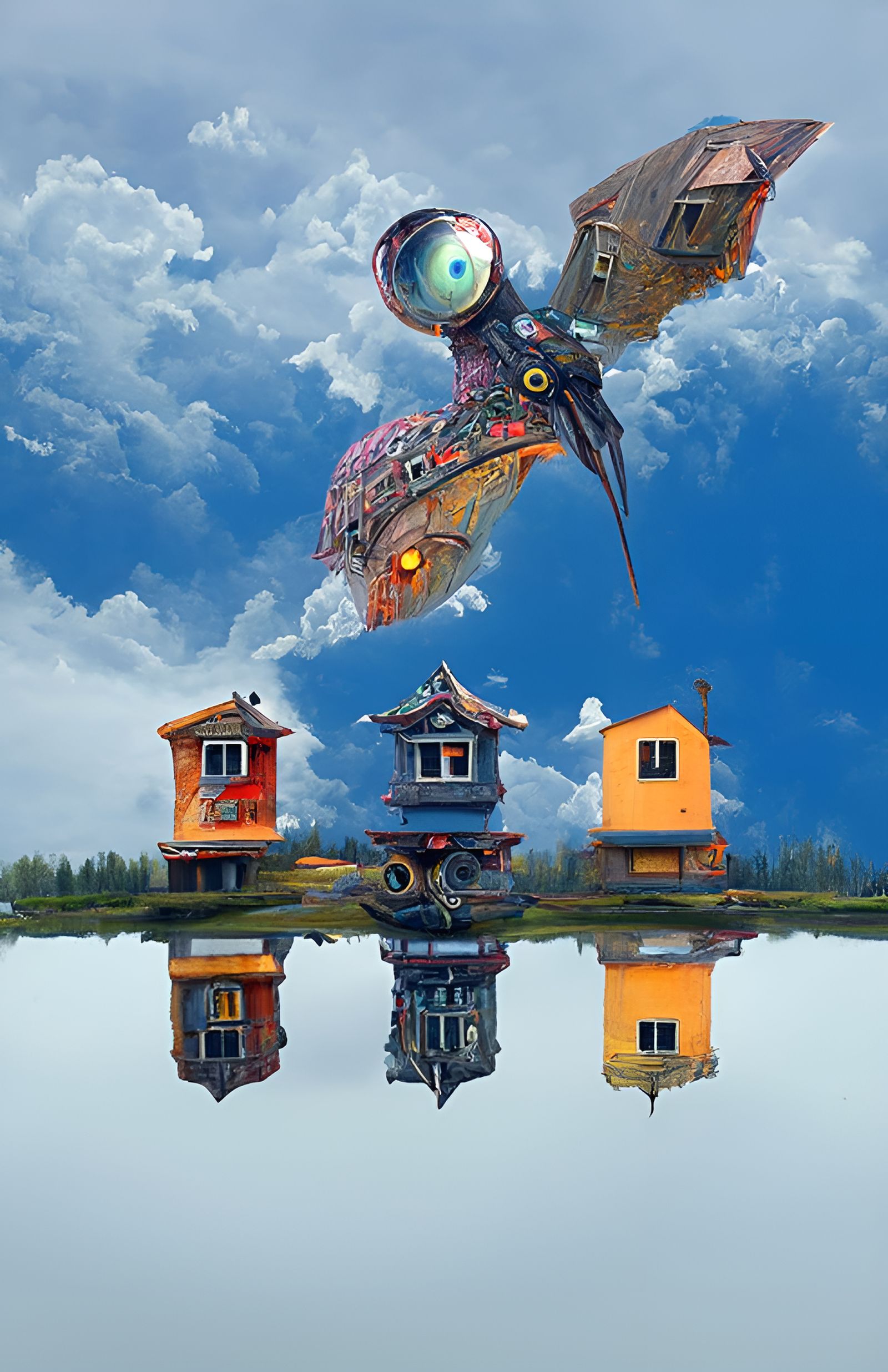 Giant Robot Bird Soaring Over Houses
