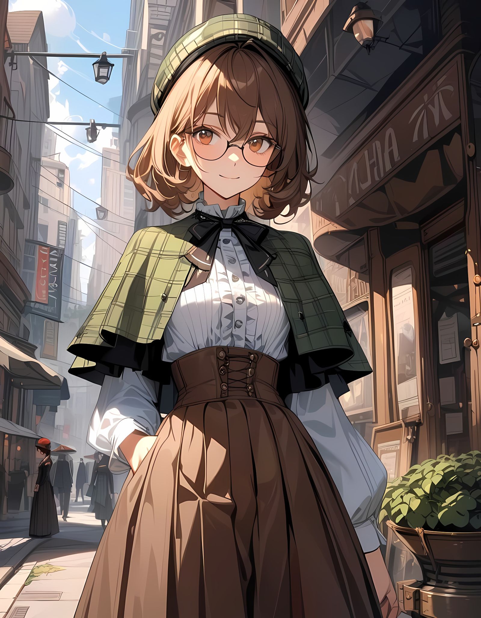 Victorian Steampunk Girl with Plaid Capelet on City Street