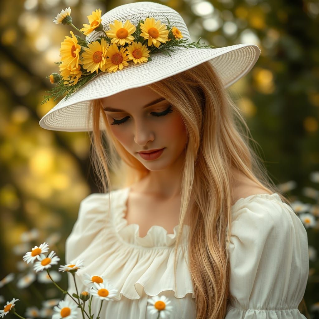 Woman in White Hat: Art Nouveau Style Portrait